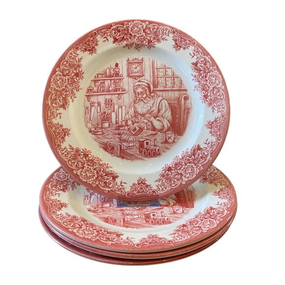 Royal Stafford Other - 4pc Royal Stafford Christmas SANTA'S WORKSHOP Porcelain Dinner Plates 11" Red